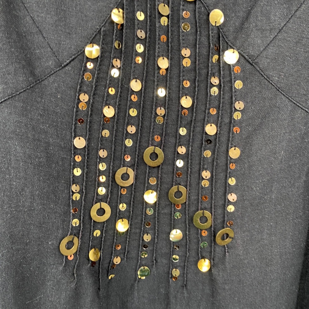 Jennifer Eden Sequin Embellished Linen Blend Dress Womens 10 Black Gold Boho - Picture 3 of 16